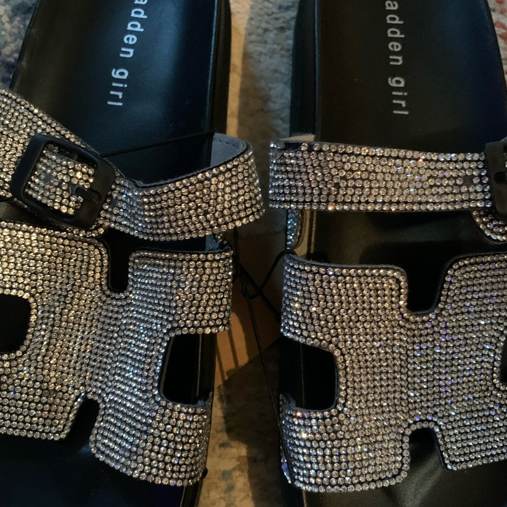Madden Girl Black Slide Mules with Silver Crystal Embellishment
